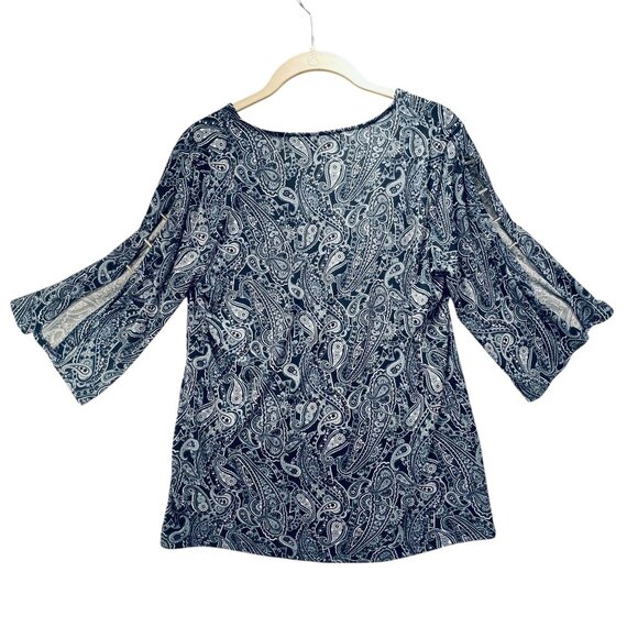 Michael Kors Paisley Bell Sleeve Top Metallic Shoulder VNeck Navy White S Womens - Picture 5 of 11